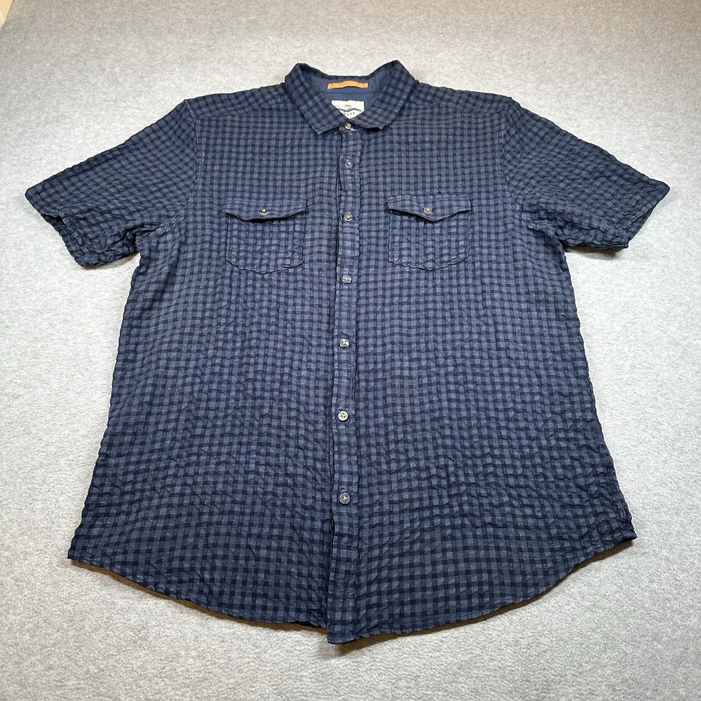 Tommy Bahama Button Up Shirt Mens L Island Blue Check Modern Fit Linen Blend